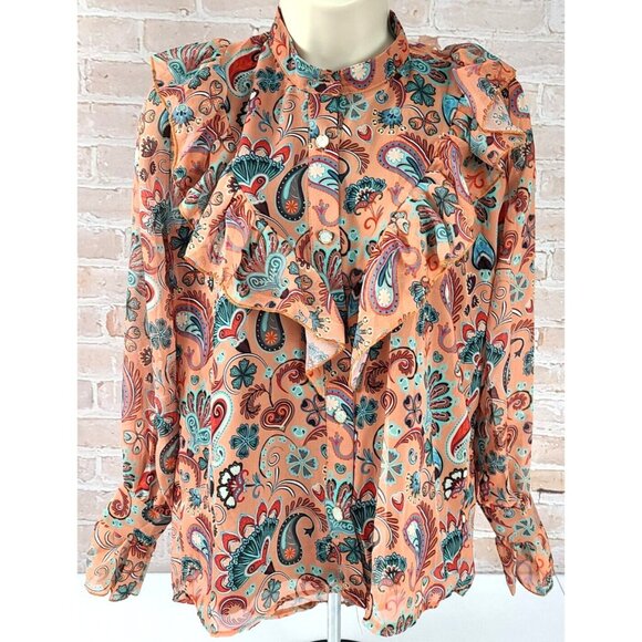 Polo Bonetta Long Sleeve Blouse Ruffle Fall Colors Glitter Buttons Women S/M New - Picture 1 of 12